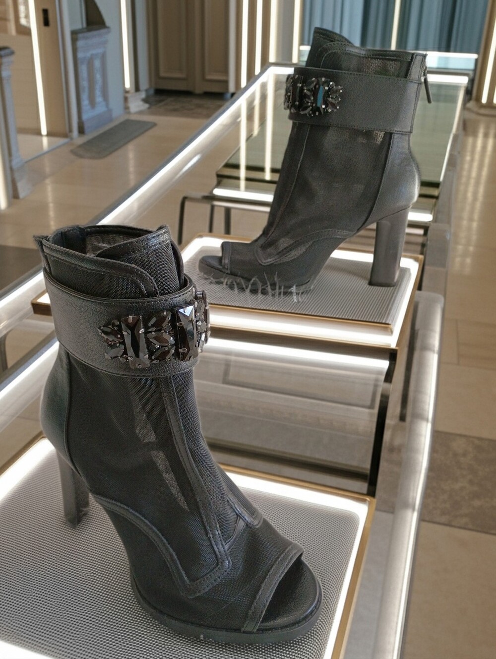 Karl Lagerfeld Mesh Black High Heeled Peep Toe Booties with Crystal Accents SZ 6